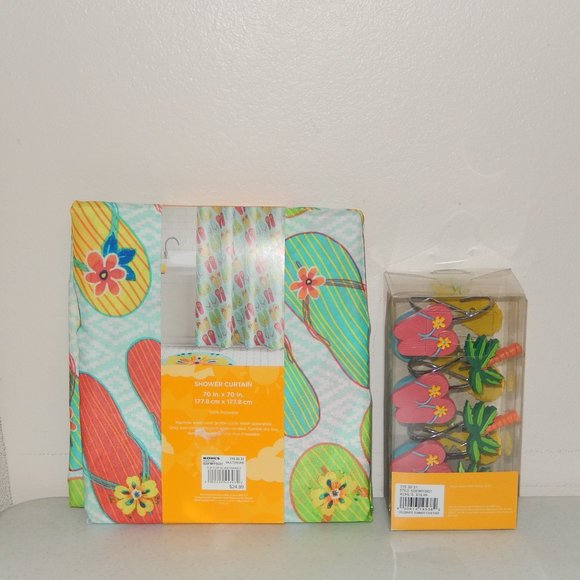 NEW Shower Curtain with Hooks Celebrate Summer Together Flip Flop Bright NWT - Picture 2 of 3